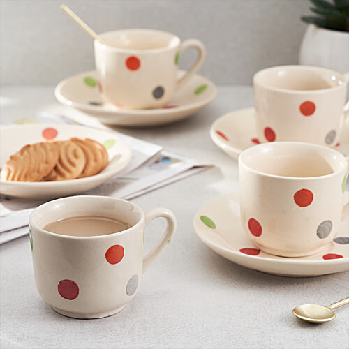 bb home Earth Ceramic Tea Cup & Saucer - Polka Dot Design, Hand Painted, Assorted Colours, 150 ml (Set of 4)