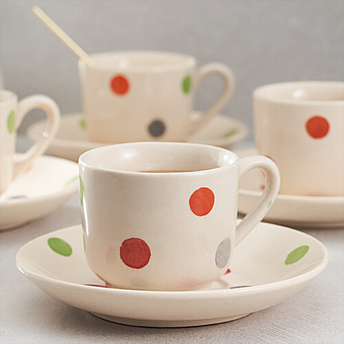 bb home Earth Ceramic Tea Cup & Saucer - Polka Dot Design, Hand Painted, Assorted Colours, 150 ml (Set of 4)
