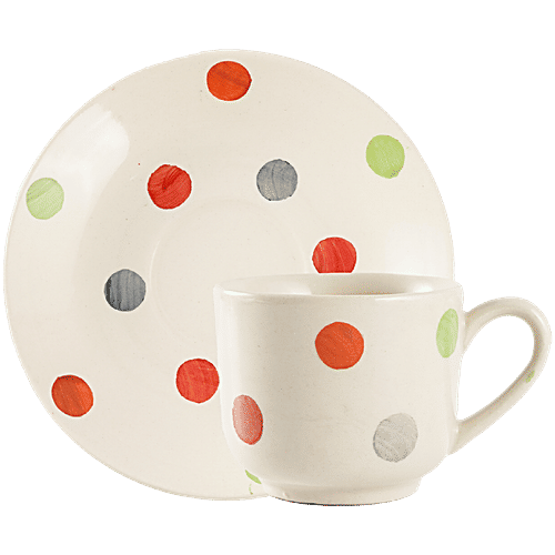 bb home Earth Ceramic Tea Cup & Saucer - Polka Dot Design, Hand Painted, Assorted Colours, 150 ml (Set of 4)