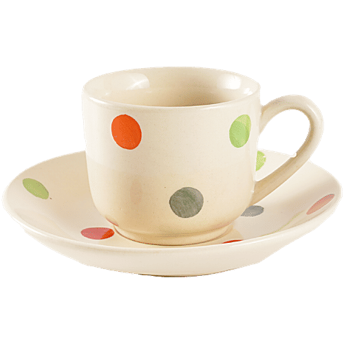 bb home Earth Ceramic Tea Cup & Saucer - Polka Dot Design, Hand Painted, Assorted Colours, 150 ml (Set of 4)