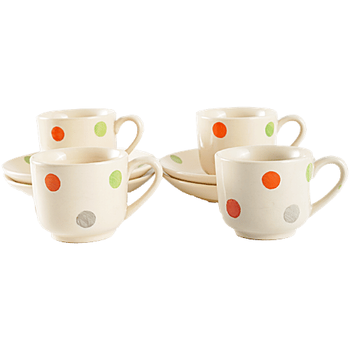 bb home Earth Ceramic Tea Cup & Saucer - Polka Dot Design, Hand Painted, Assorted Colours, 150 ml (Set of 4)