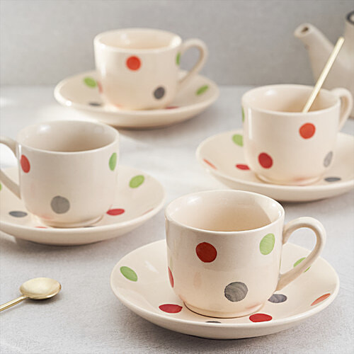 bb home Earth Ceramic Tea Cup & Saucer - Polka Dot Design, Hand Painted, Assorted Colours, 150 ml (Set of 4)