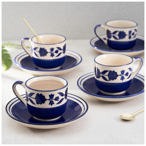 BB Home Earth Tea Cup & Saucer Set, Hand Painted Ceramic - Floral Royal Blue, 150 ml (Set of 4) 