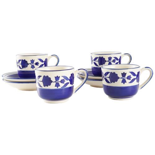 BB Home Earth Tea Cup & Saucer Set, Hand Painted Ceramic - Floral Royal Blue, 150 ml (Set of 4) 