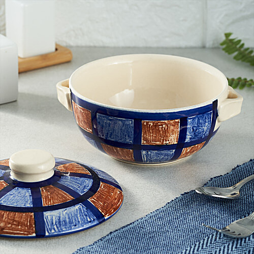 bb home Earth Serving/Mixing Bowl With Lid, Hand- Painted Ceramic, Checkered Yellow & Blue, 500 ml  
