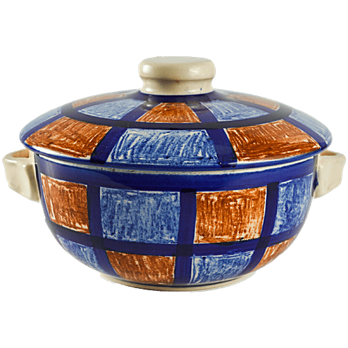 bb home Earth Serving/Mixing Bowl With Lid, Hand- Painted Ceramic, Checkered Yellow & Blue, 500 ml  