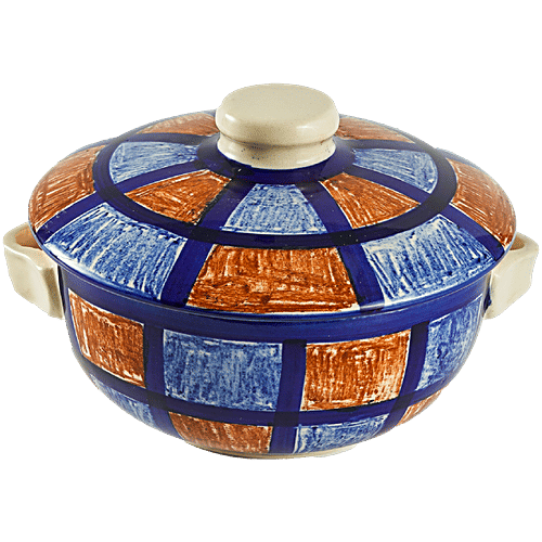 bb home Earth Serving/Mixing Bowl With Lid, Hand- Painted Ceramic, Checkered Yellow & Blue, 500 ml  