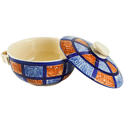 bb home Earth Serving/Mixing Bowl With Lid, Hand- Painted Ceramic, Checkered Yellow & Blue, 500 ml  