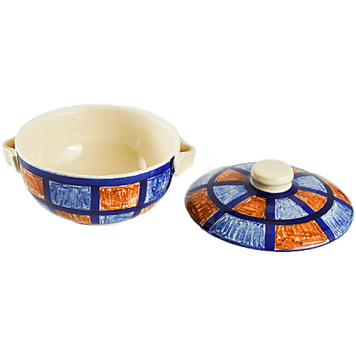 bb home Earth Serving/Mixing Bowl With Lid, Hand- Painted Ceramic, Checkered Yellow & Blue, 500 ml  