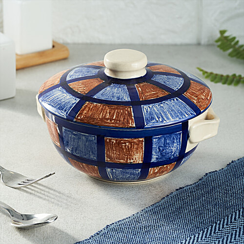 bb home Earth Serving/Mixing Bowl With Lid, Hand- Painted Ceramic, Checkered Yellow & Blue, 500 ml  