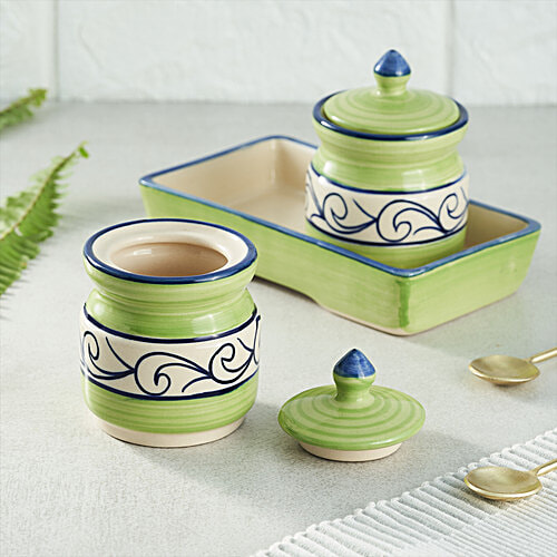 bb home Earth Storage Jar - For Pickle, Sugar, Spices, Handcrafted Ceramic, Classic Green, 150 ml (Set of 2)