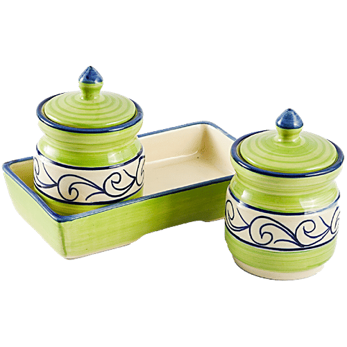 bb home Earth Storage Jar - For Pickle, Sugar, Spices, Handcrafted Ceramic, Classic Green, 150 ml (Set of 2)