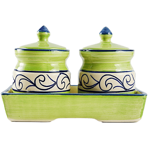 bb home Earth Storage Jar - For Pickle, Sugar, Spices, Handcrafted Ceramic, Classic Green, 150 ml (Set of 2)