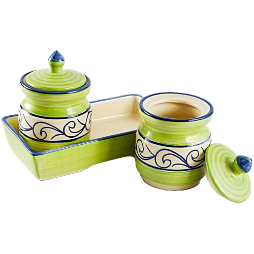 bb home Earth Storage Jar - For Pickle, Sugar, Spices, Handcrafted Ceramic, Classic Green, 150 ml (Set of 2)