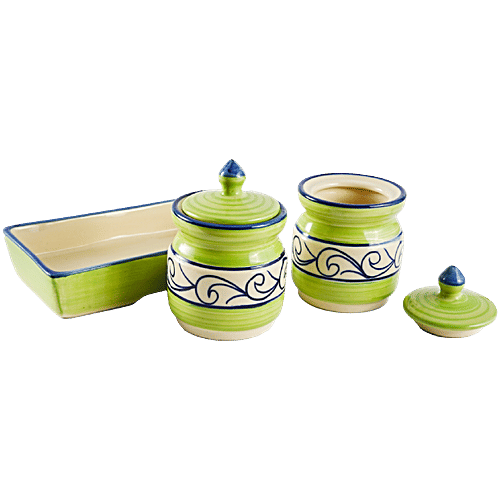 bb home Earth Storage Jar - For Pickle, Sugar, Spices, Handcrafted Ceramic, Classic Green, 150 ml (Set of 2)
