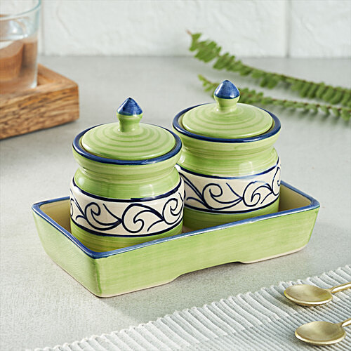 bb home Earth Storage Jar - For Pickle, Sugar, Spices, Handcrafted Ceramic, Classic Green, 150 ml (Set of 2)