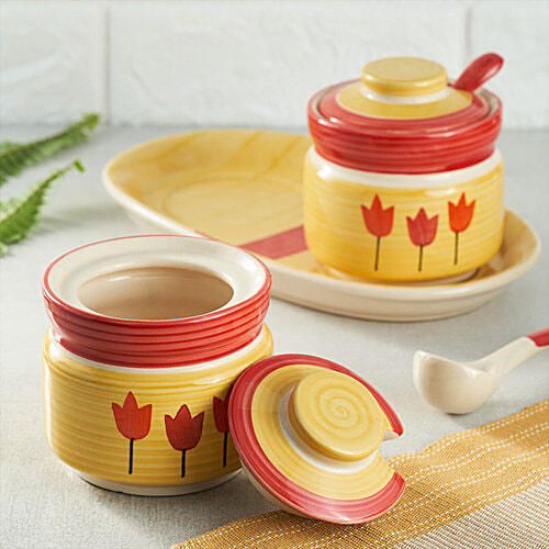 bb home Earth Ceramic Kitchen Container - Floral Design, For Tea, Coffee, Pickle, Sugar, Spices, Yellow Colour, 300 ml (Set of 2) 
