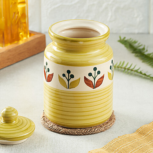 bb home Earth Storage Jar - For Chutney, Spices, Pickle, Handcrafted Ceramic, Sepal Yellow & Red, 500 ml  