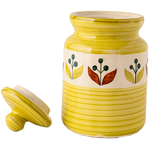 bb home Earth Storage Jar - For Chutney, Spices, Pickle, Handcrafted Ceramic, Sepal Yellow & Red, 500 ml  