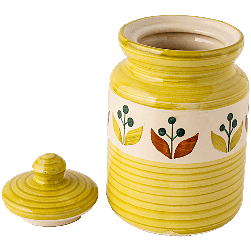 bb home Earth Storage Jar - For Chutney, Spices, Pickle, Handcrafted Ceramic, Sepal Yellow & Red, 500 ml  