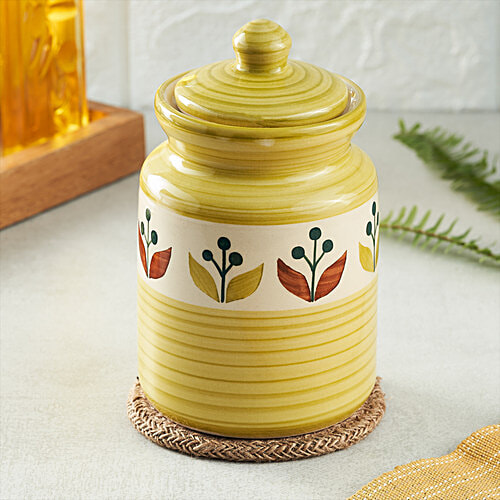 bb home Earth Storage Jar - For Chutney, Spices, Pickle, Handcrafted Ceramic, Sepal Yellow & Red, 500 ml  