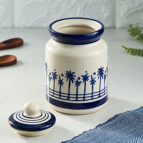 bb home Earth Storage Mini Jar - For Pickle, Sugar, Spices, Chutney, Handcrafted Ceramic, Blue White, 500 ml  