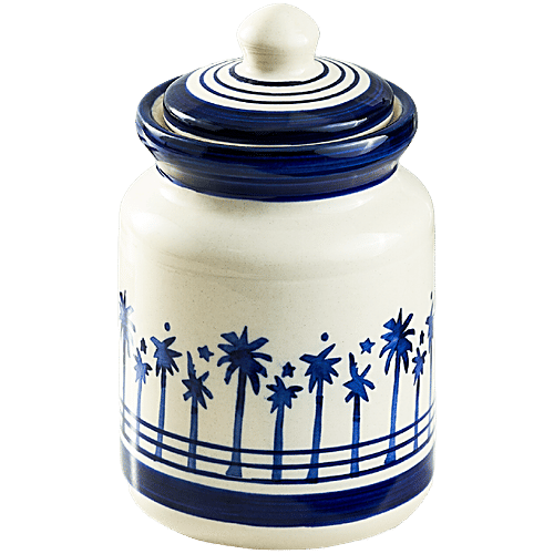 bb home Earth Storage Mini Jar - For Pickle, Sugar, Spices, Chutney, Handcrafted Ceramic, Blue White, 500 ml  