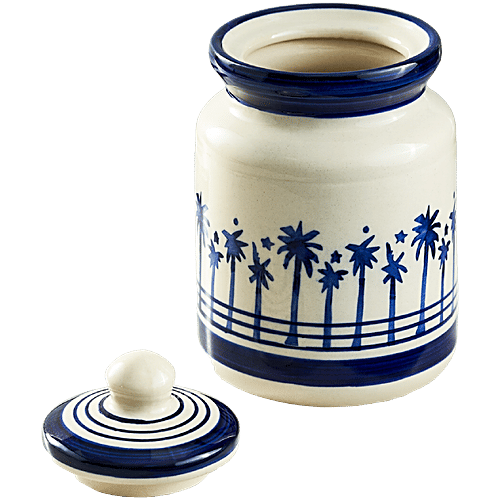 bb home Earth Storage Mini Jar - For Pickle, Sugar, Spices, Chutney, Handcrafted Ceramic, Blue White, 500 ml  