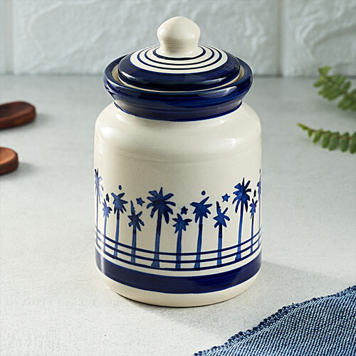 bb home Earth Storage Mini Jar - For Pickle, Sugar, Spices, Chutney, Handcrafted Ceramic, Blue White, 500 ml  