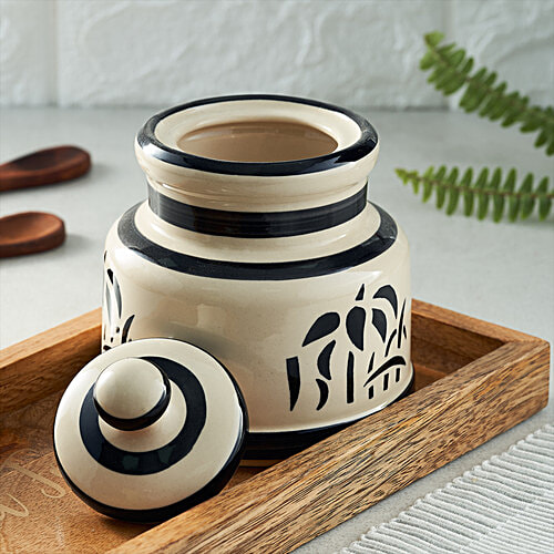 bb home Earth Storage Jar/Handi With Lid, For Pickle/ Spices, Hand Painted Ceramic - Abstract Black & White, 700 ml