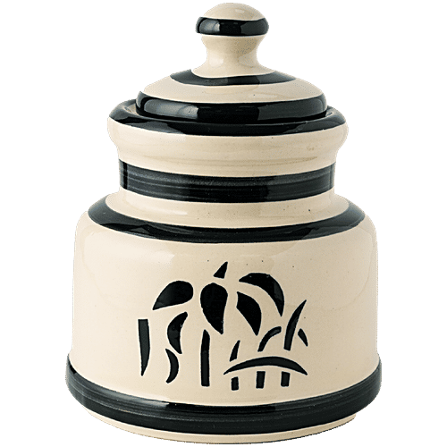 bb home Earth Storage Jar/Handi With Lid, For Pickle/ Spices, Hand Painted Ceramic - Abstract Black & White, 700 ml