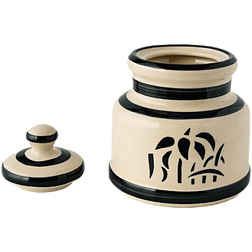 bb home Earth Storage Jar/Handi With Lid, For Pickle/ Spices, Hand Painted Ceramic - Abstract Black & White, 700 ml