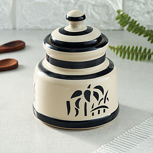 bb home Earth Storage Jar/Handi With Lid, For Pickle/ Spices, Hand Painted Ceramic - Abstract Black & White, 700 ml