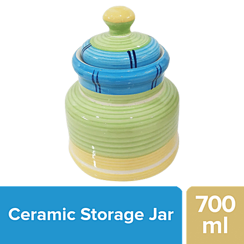 bb home Earth Ceramic Storage Jar With Lid - Tri-Colour Design, Handcrafted, For Chutney, Pickle, 700 ml  
