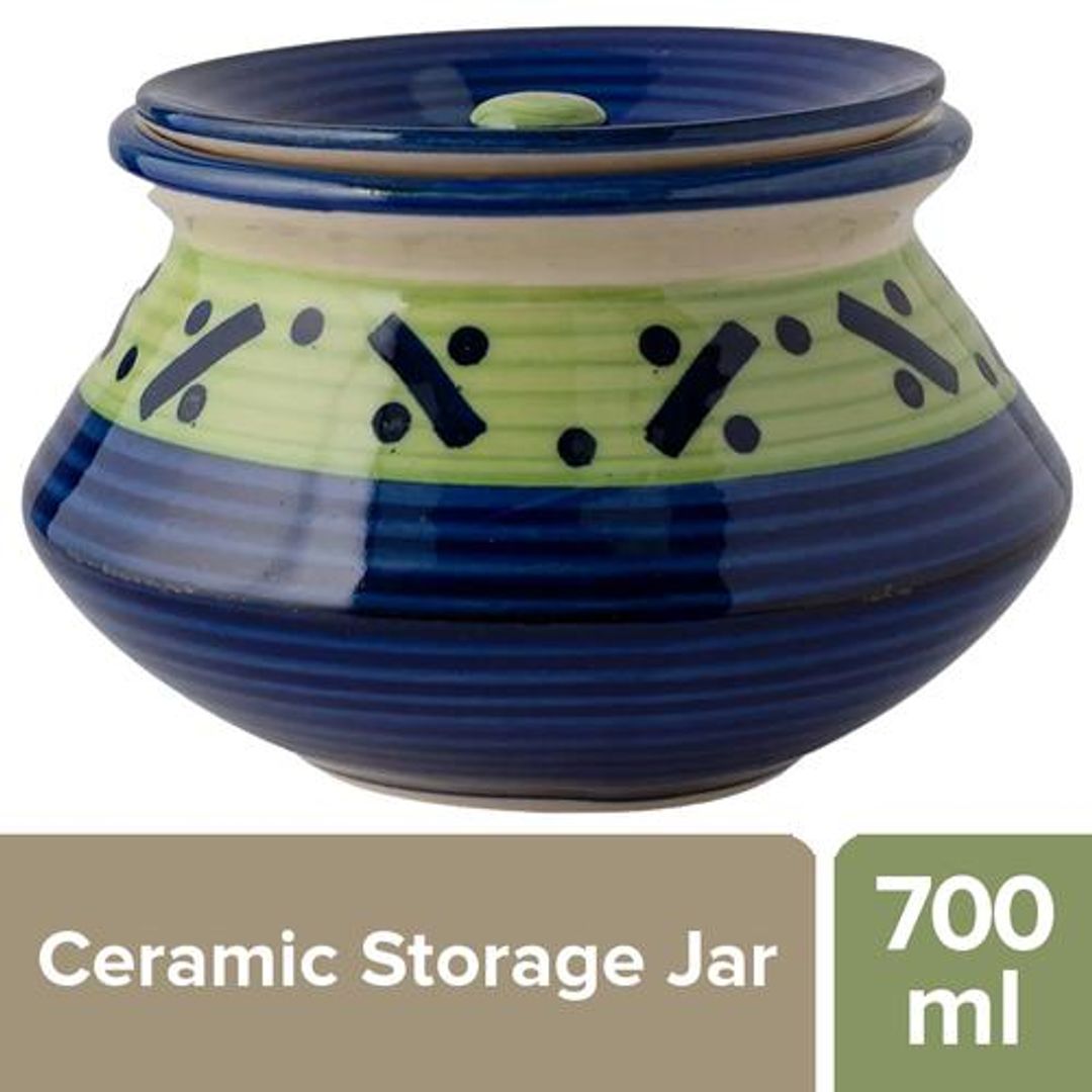 BB Home Earth Storage Jar/Handi With Lid, For Pickle/ Spices, Hand Painted Ceramic - Abstract Blue Green, 700 ml 