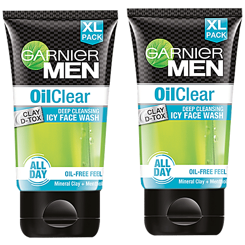 Garnier Men Oil Clear Icy Facewash - Deep Cleansing, Mineral Clay & Menthol, For Oily Skin, 150 g (Pack of 2) 