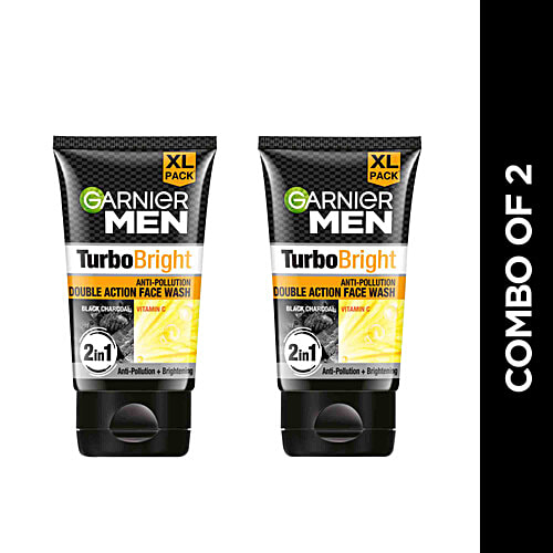 Garnier Men Men Turbo Bright Facewash - 2 In 1, Anti-Pollution & Skin Brightening With Charcoal, 150 g (Pack of 2) 