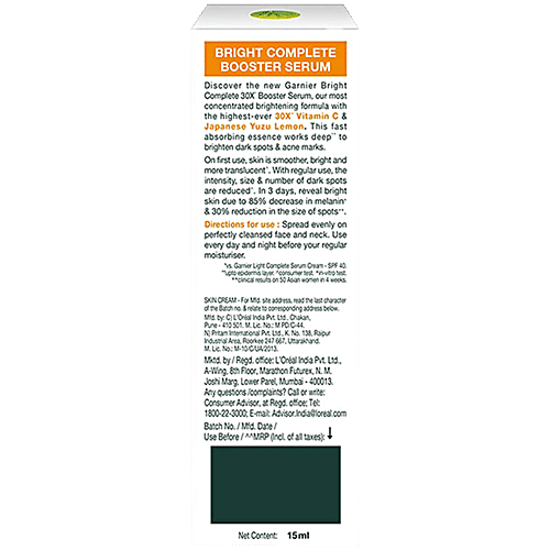 Garnier Face Serum - Bright Complete 30X Vitamin C Booster, Lightweight, For Spot Reduction, 15 ml