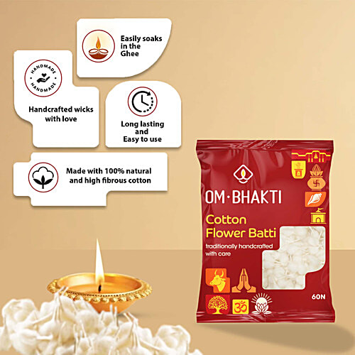 Om Bhakti Cotton Flower Batti - Diya Wick, 60 pcs  Longer Lasting, Handcrafted Wicks, 100% Natural Cotton