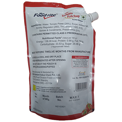 Mrs.Food Rite Jain Tomato Ketchup - With No Onion & Garlic, 950 g  