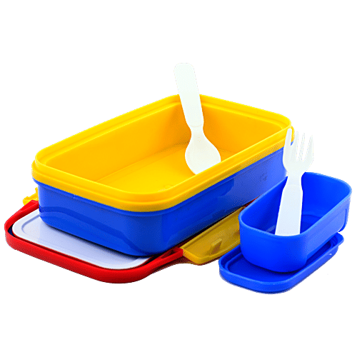 Yellow Spark Medium Size Insulated Lunch Box - With Inner Container, Fork, Spoon, Assorted Character & Colour, 4 pcs  
