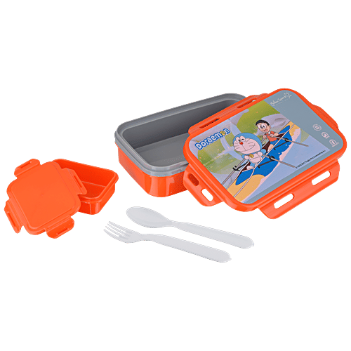 Yellow Spark Medium Size Insulated Lunch Box - With Inner Container, Fork, Spoon, Assorted Character & Colour, 4 pcs  