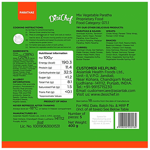 DesiChef Mix Vegetable Paratha - Heat & Eat, 400 g