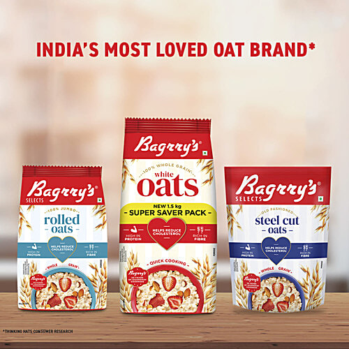 Bagrry's Whole Grain White Rolled Oats, 1.5 kg Pouch Rich In Protein, Helps Reduce Cholesterol, Rich In Fibre, Quick Cooking