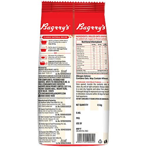 Bagrry's Whole Grain White Rolled Oats, 1.5 kg Pouch Rich In Protein, Helps Reduce Cholesterol, Rich In Fibre, Quick Cooking