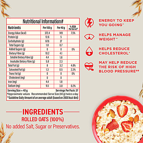 Bagrry's Whole Grain White Rolled Oats, 1.5 kg Pouch Rich In Protein, Helps Reduce Cholesterol, Rich In Fibre, Quick Cooking