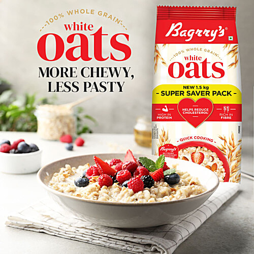 Bagrry's Whole Grain White Rolled Oats, 1.5 kg Pouch Rich In Protein, Helps Reduce Cholesterol, Rich In Fibre, Quick Cooking