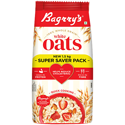 Bagrry's Whole Grain White Rolled Oats, 1.5 kg Pouch Rich In Protein, Helps Reduce Cholesterol, Rich In Fibre, Quick Cooking