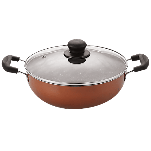 Nirlon Single Browni Non-Stick Aluminium Kadai - With Glass Lid, 24 cm, 3 mm, 3 L  