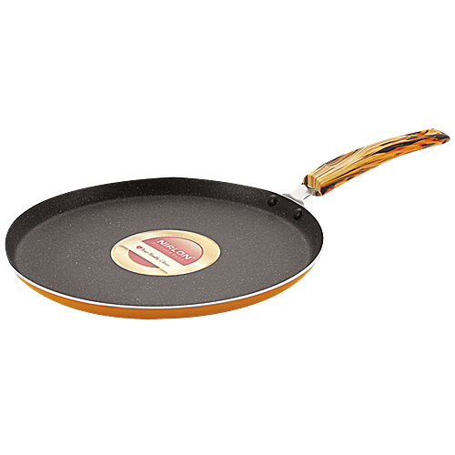 Nirlon Aluminium Non-Stick Flat Tawa - 3 Layer Coating, 26 cm, 3 mm, Bakelite Orange Handle, New Flamy, 1 pc  